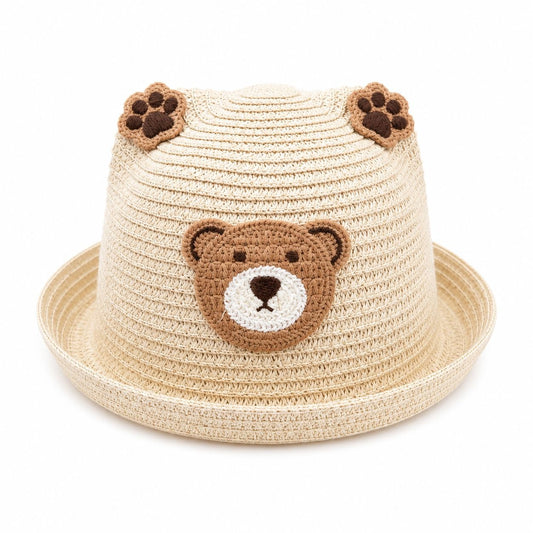 Palarie crem copii cu ursulet, crosetata manual, bumbac, model adorabil