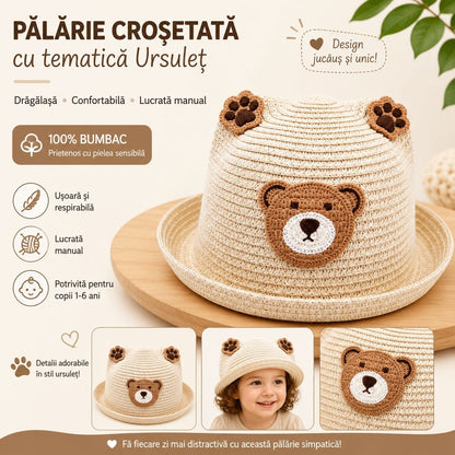Palarie crem copii cu ursulet, crosetata manual, bumbac, model adorabil