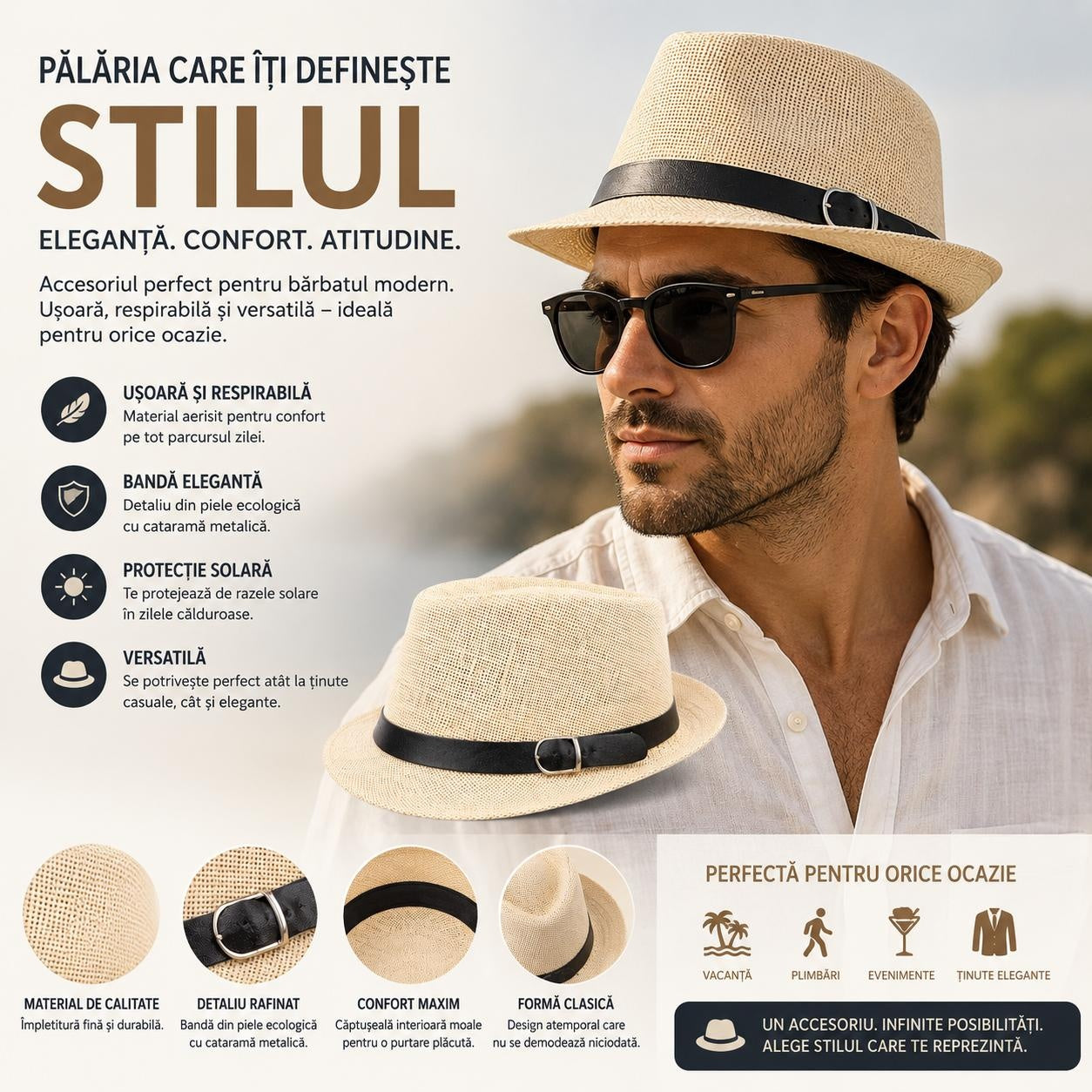 Pălărie Crem pentru Bărbați cu Bandă Neagră și Cataramă – Stil Elegant și Modern