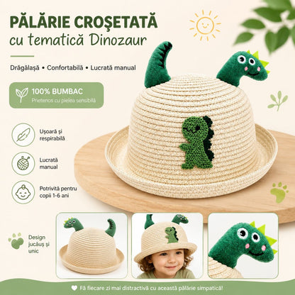 Palarie Crosetata Copii cu Tematica Dinozaur, Bumbac, Design Handmade, Crem-Verde