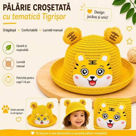 Palarie crosetata copii cu tigrisor galben vesel, lucrata manual, 1-6 ani