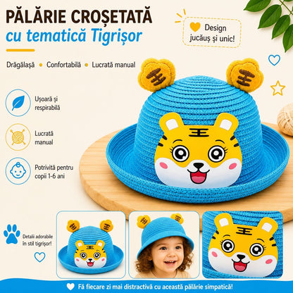 Palarie crosetata copii cu tigrisor vesel albastru, lucrata manual