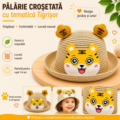 Palarie crosetata copii cu tigrisor vesel, crem, lucrata manual