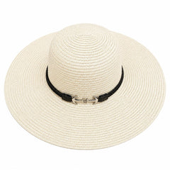 Pălărie Damă Alb Ivory de Vară cu Bor Lat și Curea Decorativă cu Accesoriu Metalic