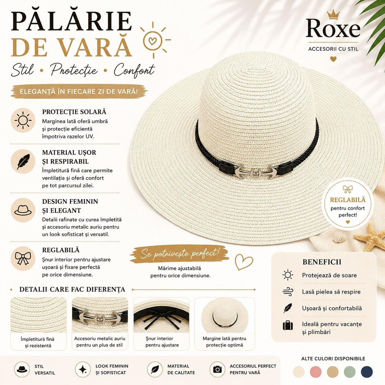 Pălărie Damă Alb Ivory de Vară cu Bor Lat și Curea Decorativă cu Accesoriu Metalic