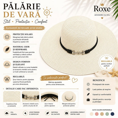 Pălărie Damă Alb Ivory de Vară cu Bor Lat și Curea Decorativă cu Accesoriu Metalic