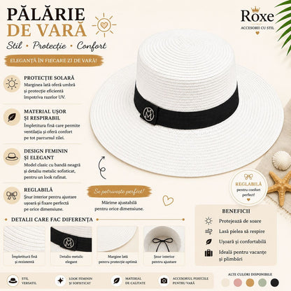 Pălărie Damă Albă de Vară cu Bor Lat, Bandă Neagră și Detaliu Metalic Elegant