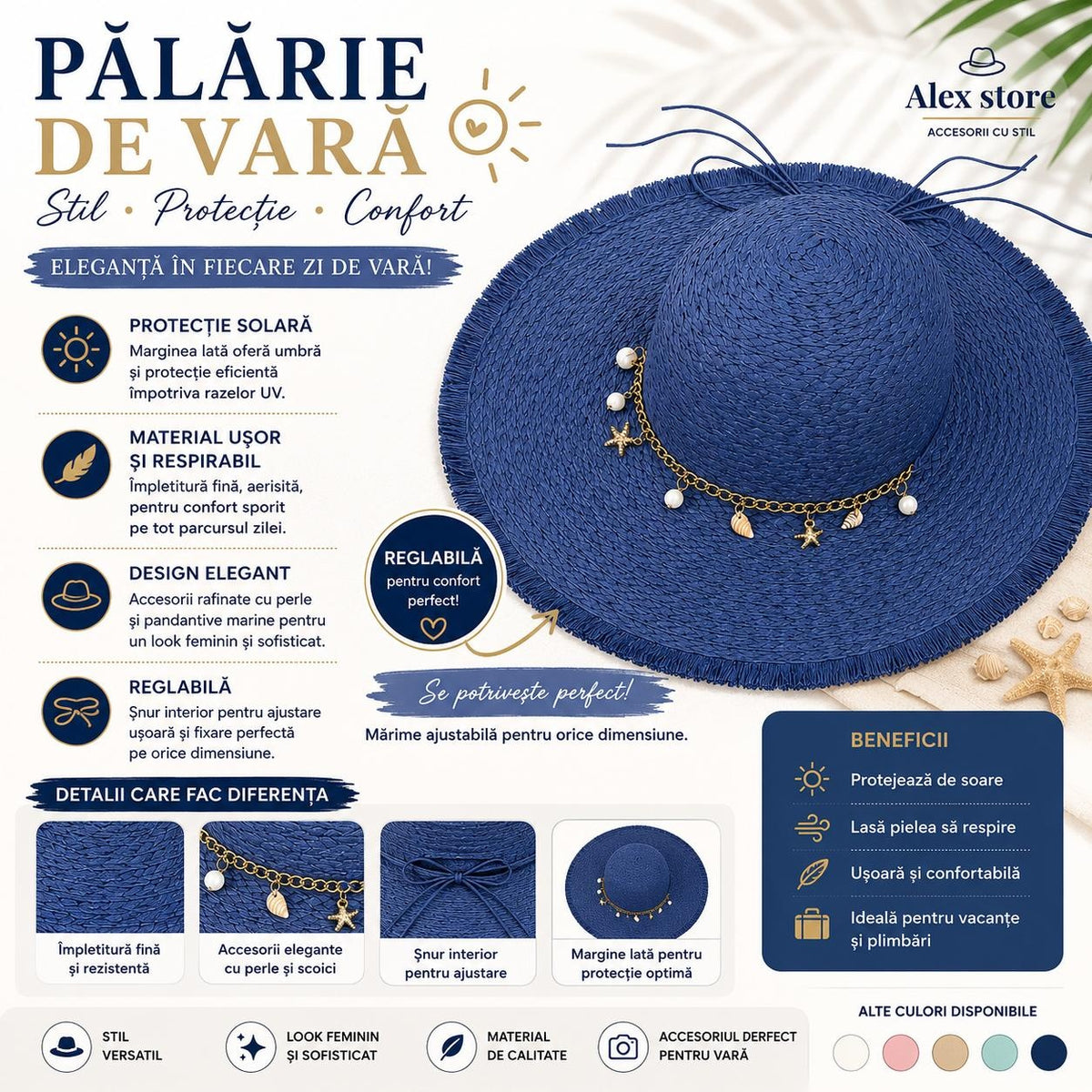 Pălărie Damă Albastru de Vară cu Bor Lat, Franjuri Decorative și Accesorii cu Perle