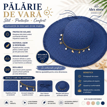 Pălărie Damă Albastru de Vară cu Bor Lat, Franjuri Decorative și Accesorii cu Perle