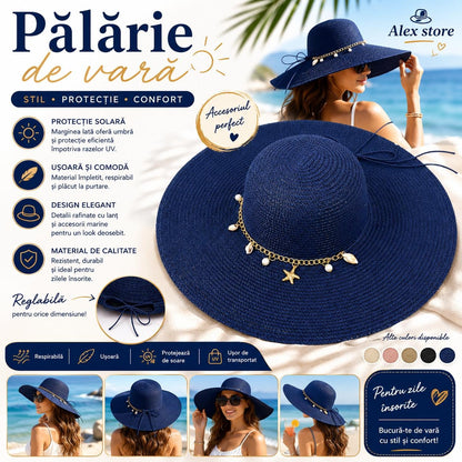 Pălărie Damă Bleumarin de Vară cu Bor Lat, Lanț Decorativ și Perle Elegante
