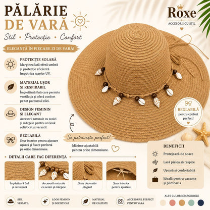Pălărie Damă Camel de Vară cu Bor Lat și Decor cu Scoici și Mărgele