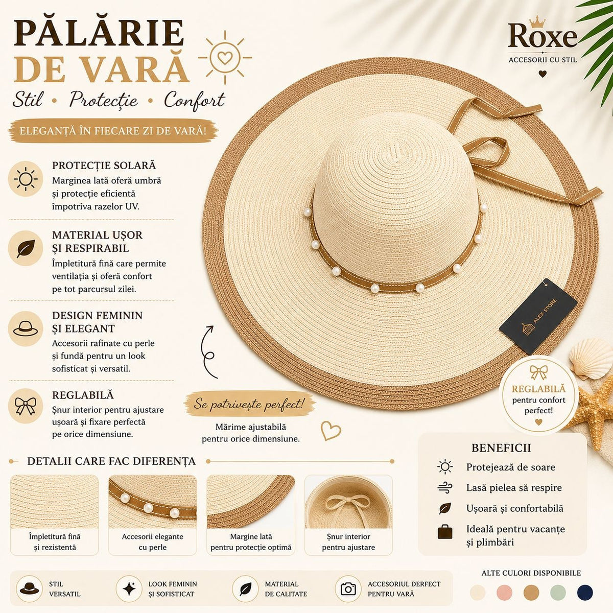 Pălărie Damă Crem-Bej de Vară cu Bor Lat și Decor cu Perle