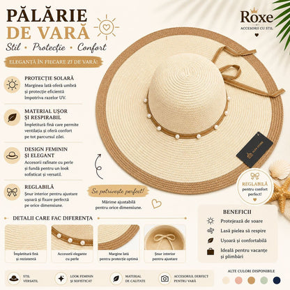 Pălărie Damă Crem-Bej de Vară cu Bor Lat și Decor cu Perle