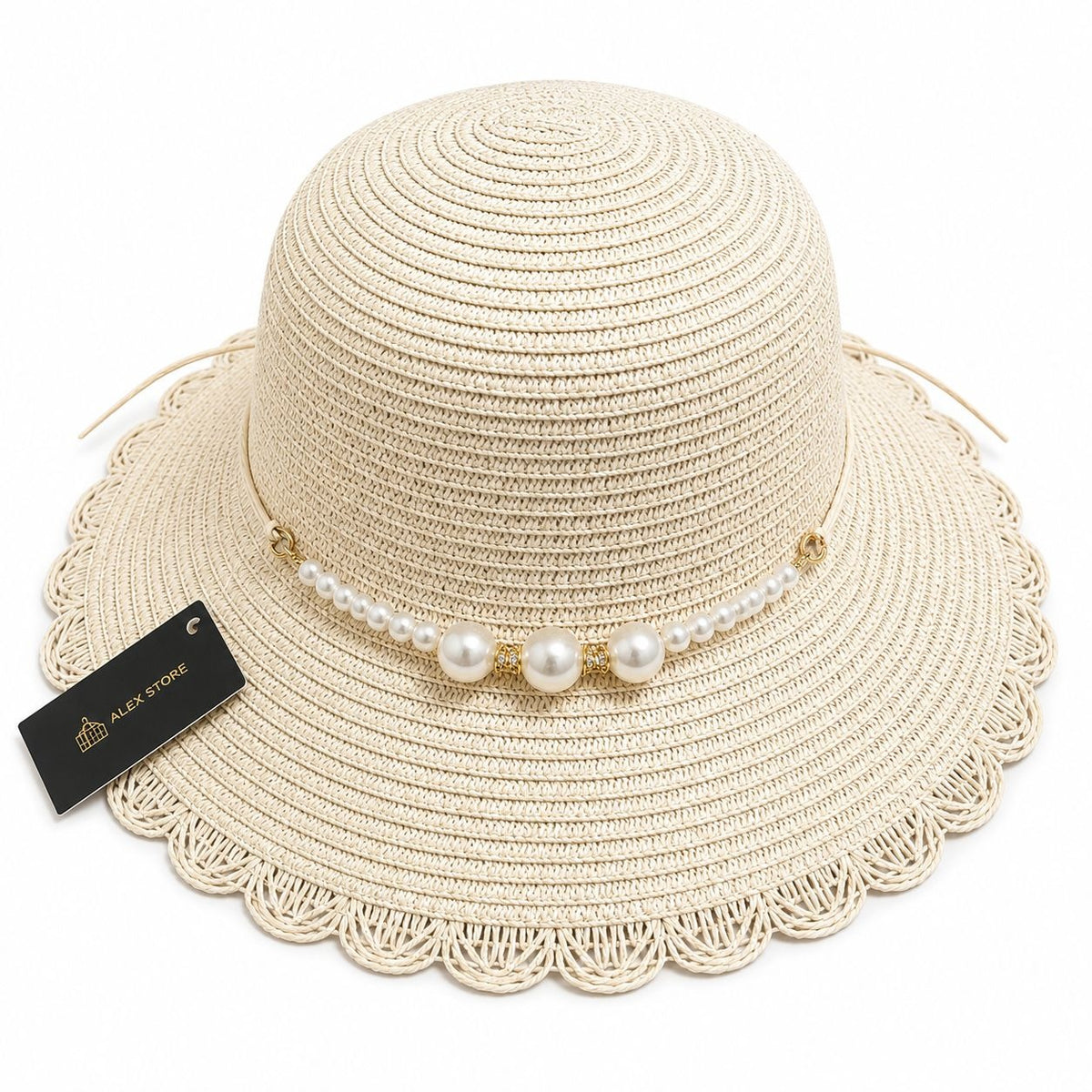 Pălărie Damă Crem de Vară cu Bor Decorativ, Perle Elegante și Margine Dantelată