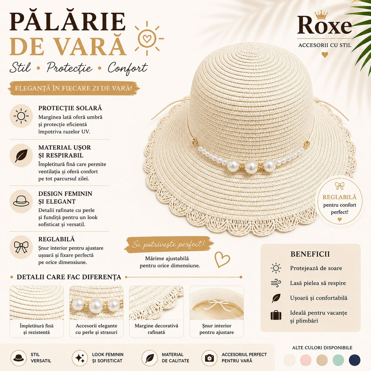 Pălărie Damă Crem de Vară cu Bor Decorativ, Perle Elegante și Margine Dantelată