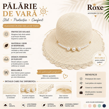 Pălărie Damă Crem de Vară cu Bor Decorativ, Perle Elegante și Margine Dantelată