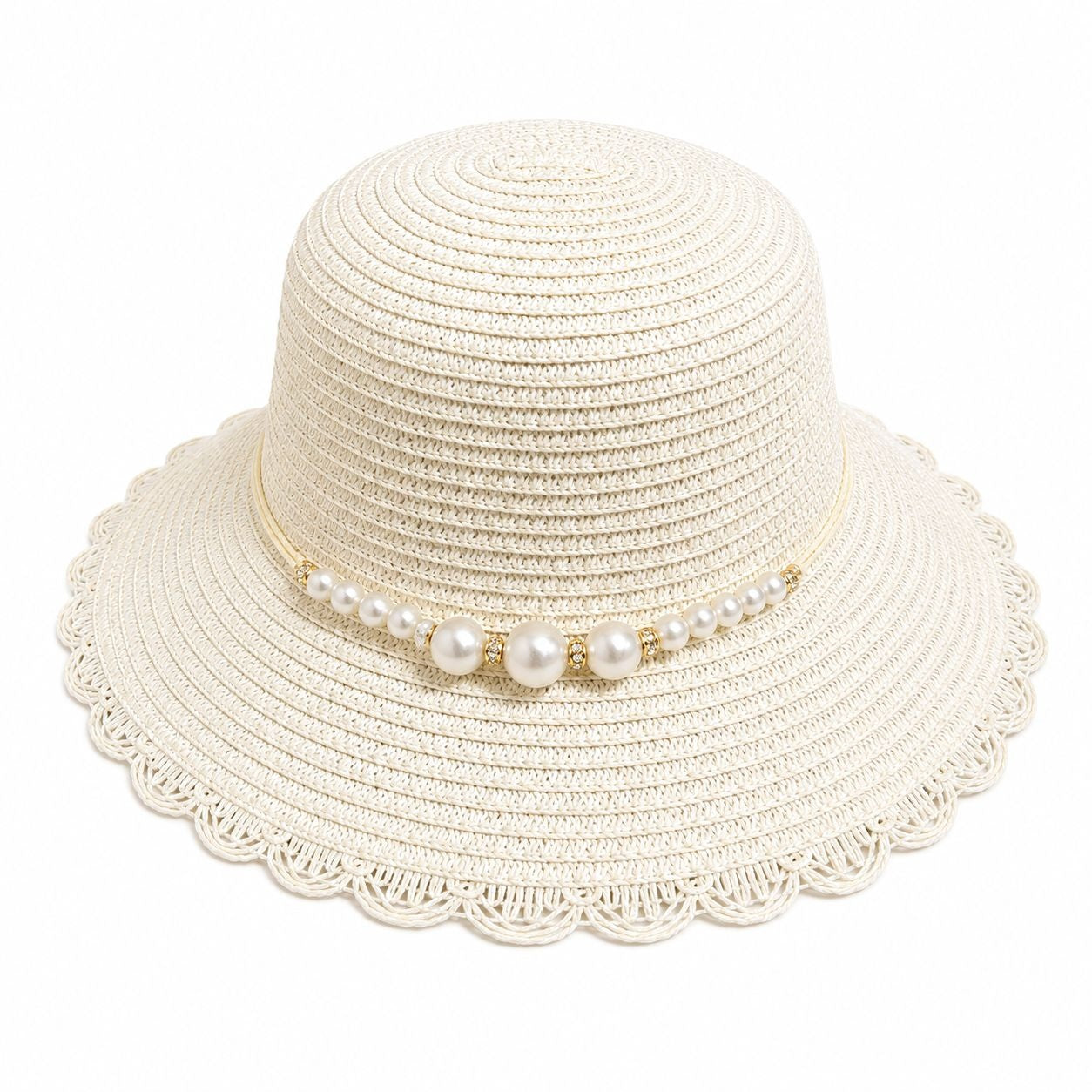 Pălărie Damă Crem de Vară cu Bor Decorativ și Perle Elegante