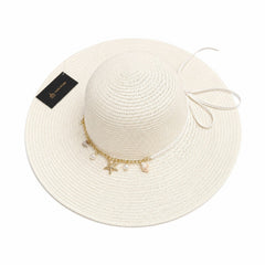 Pălărie Damă de Vară Albă cu Bor Lat, Scoici și Stea de Mare – Reglabilă, Elegantă, Protecție UV