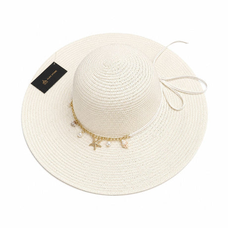 Pălărie Damă de Vară Albă cu Bor Lat, Scoici și Stea de Mare – Reglabilă, Elegantă, Protecție UV