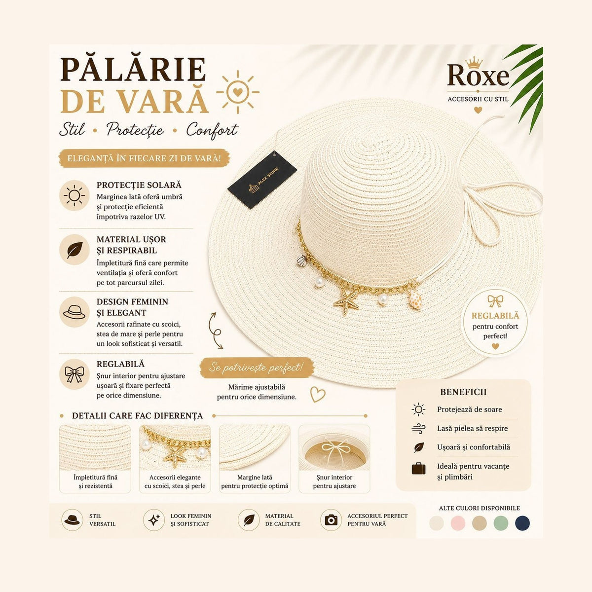 Pălărie Damă de Vară Albă cu Bor Lat, Scoici și Stea de Mare – Reglabilă, Elegantă, Protecție UV