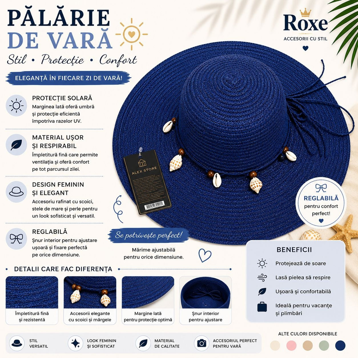 Pălărie Damă de Vară Albastru Marin cu Scoici și Mărgele Decorative – Bor Lat, Reglabilă, Protecție UV