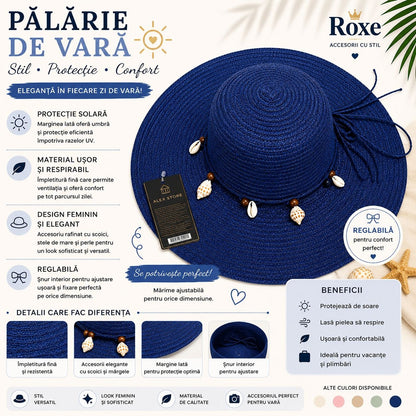 Pălărie Damă de Vară Albastru Marin cu Scoici și Mărgele Decorative – Bor Lat, Reglabilă, Protecție UV