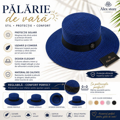 Pălărie Damă de Vară Albastru Regal cu Bandă Neagră – Bor Lat, Reglabilă, Protecție UV