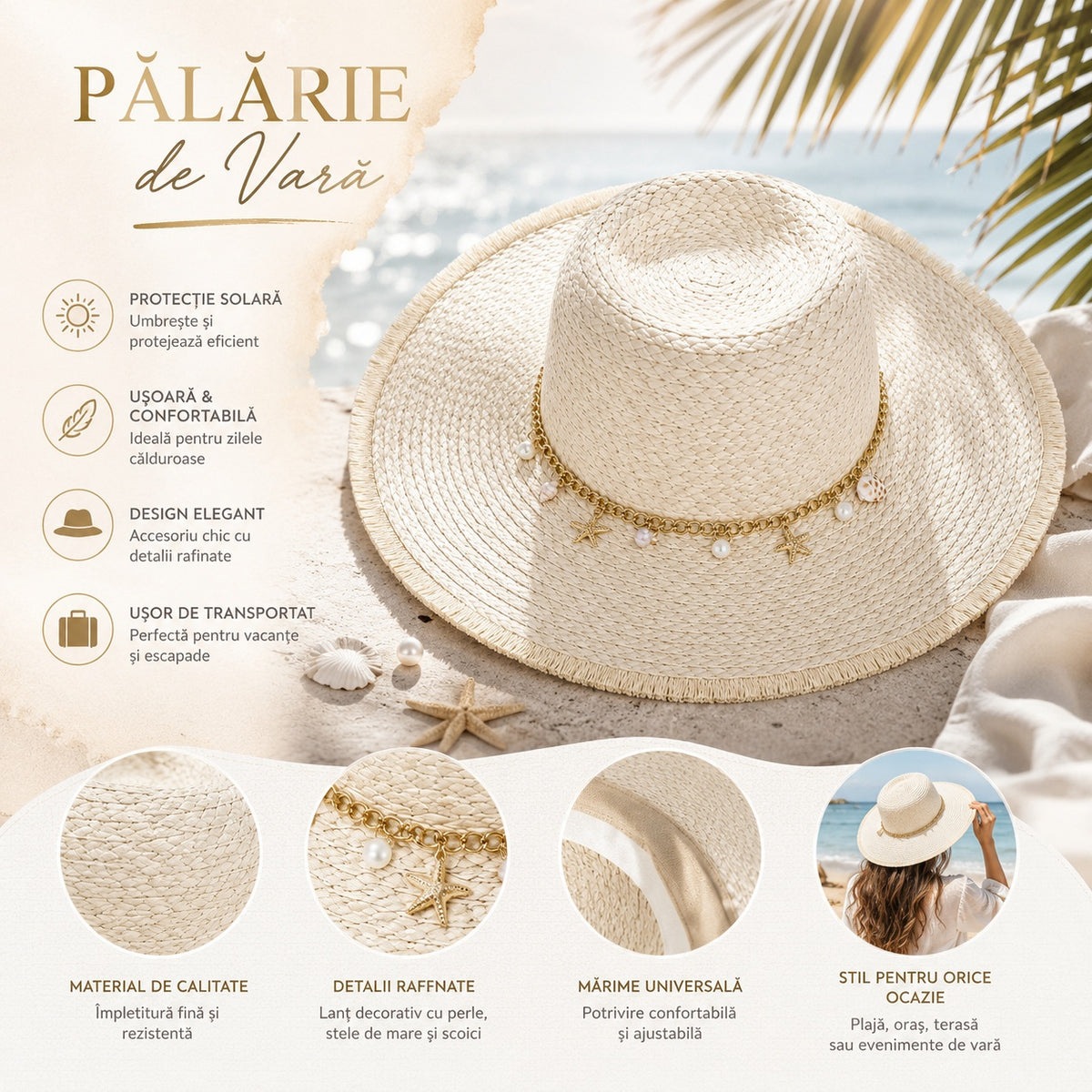 Pălărie Damă de Vară Bej cu Bor Lat și Lanț Decorativ cu Perle și Scoici – Elegantă, Protecție UV