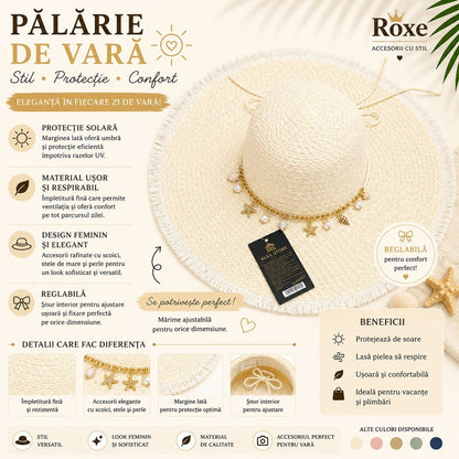 Pălărie Damă de Vară Bej cu Bor Lat și Lanț Decorativ cu Stele de Mare, Scoici și Perle – Reglabilă