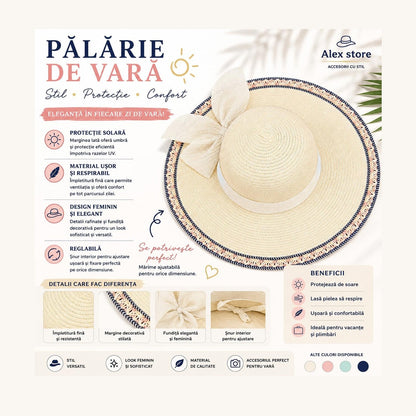 Pălărie Damă de Vară Crem cu Fundă Elegantă și Bor Lat Decorativ – Reglabilă, Protecție UV