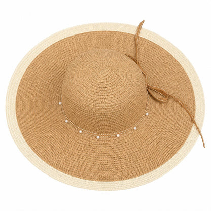 Pălărie Damă de Vară Maro-Bej cu Bor Lat și Perle – Reglabilă, Elegantă, Protecție UV