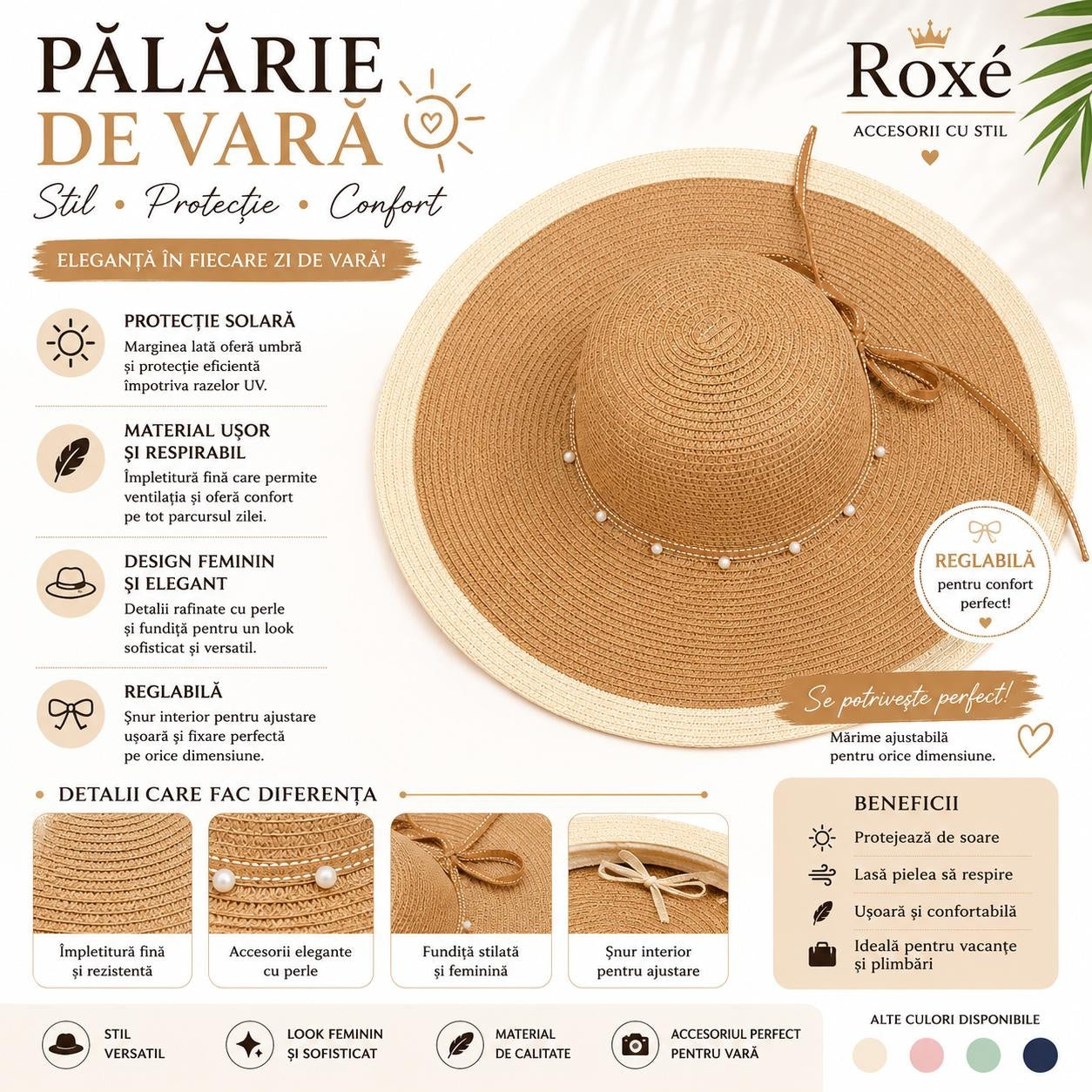 Pălărie Damă de Vară Maro-Bej cu Bor Lat și Perle – Reglabilă, Elegantă, Protecție UV