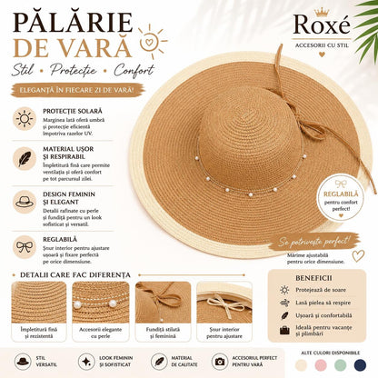 Pălărie Damă de Vară Maro-Bej cu Bor Lat și Perle – Reglabilă, Elegantă, Protecție UV