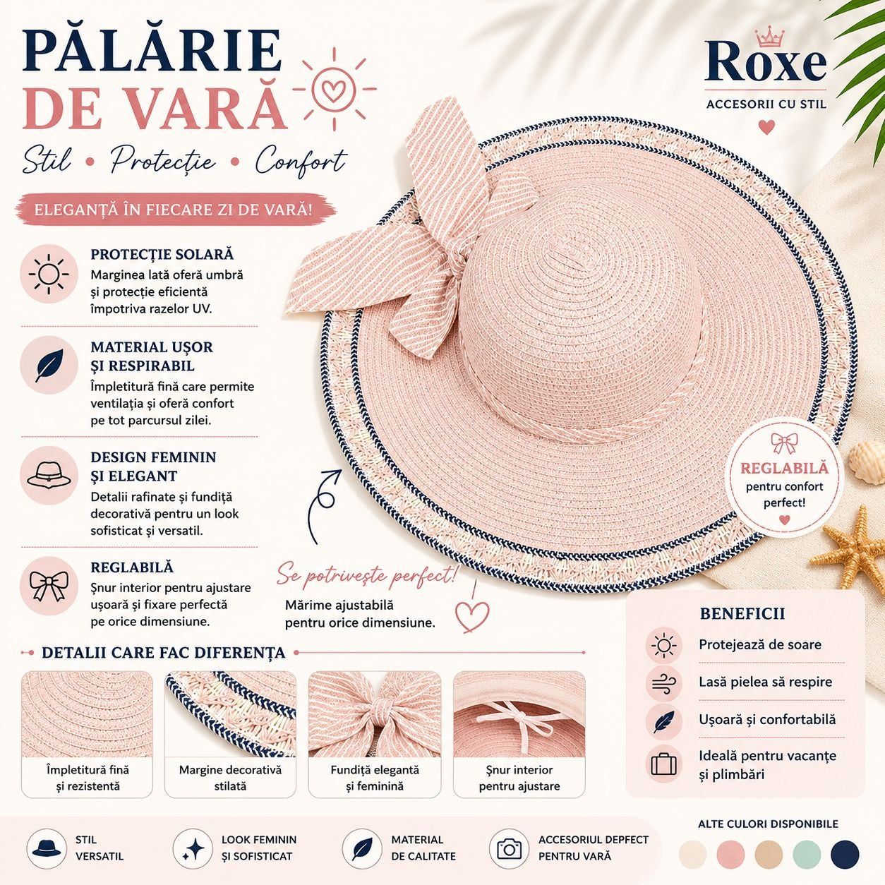Pălărie Damă de Vară Roz Pudrat cu Fundă Decorativă și Bor Lat – Reglabilă, Elegantă