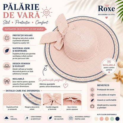 Pălărie Damă de Vară Roz Pudrat cu Fundă Decorativă și Bor Lat – Reglabilă, Elegantă