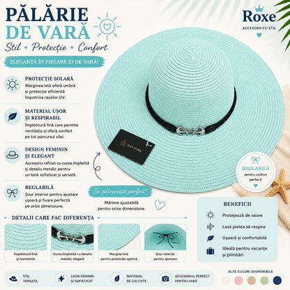 Pălărie Damă de Vară Turcoaz cu Bor Lat și Curea Decorativă – Reglabilă, Elegantă, Protecție UV