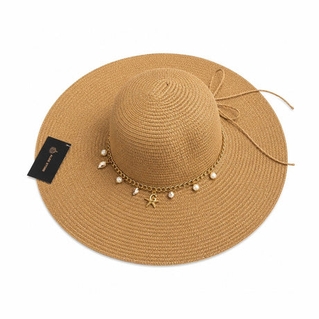 Pălărie Damă Maro Camel de Vară cu Bor Lat, Lanț Decorativ Auriu și Perle