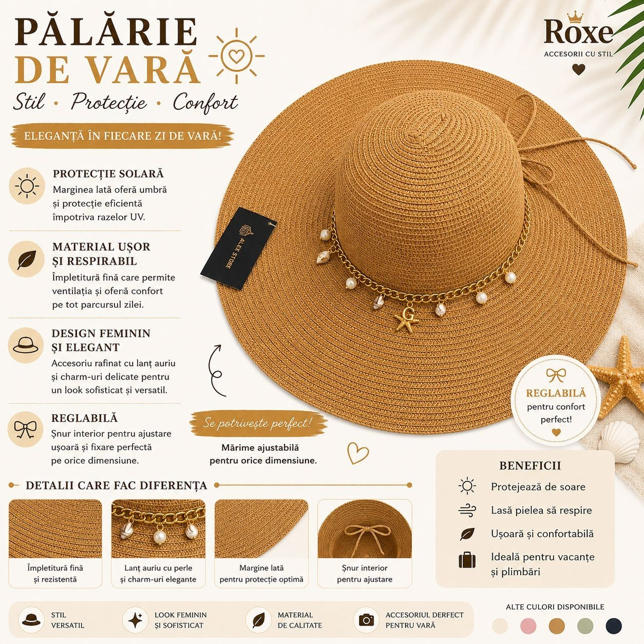 Pălărie Damă Maro Camel de Vară cu Bor Lat, Lanț Decorativ Auriu și Perle