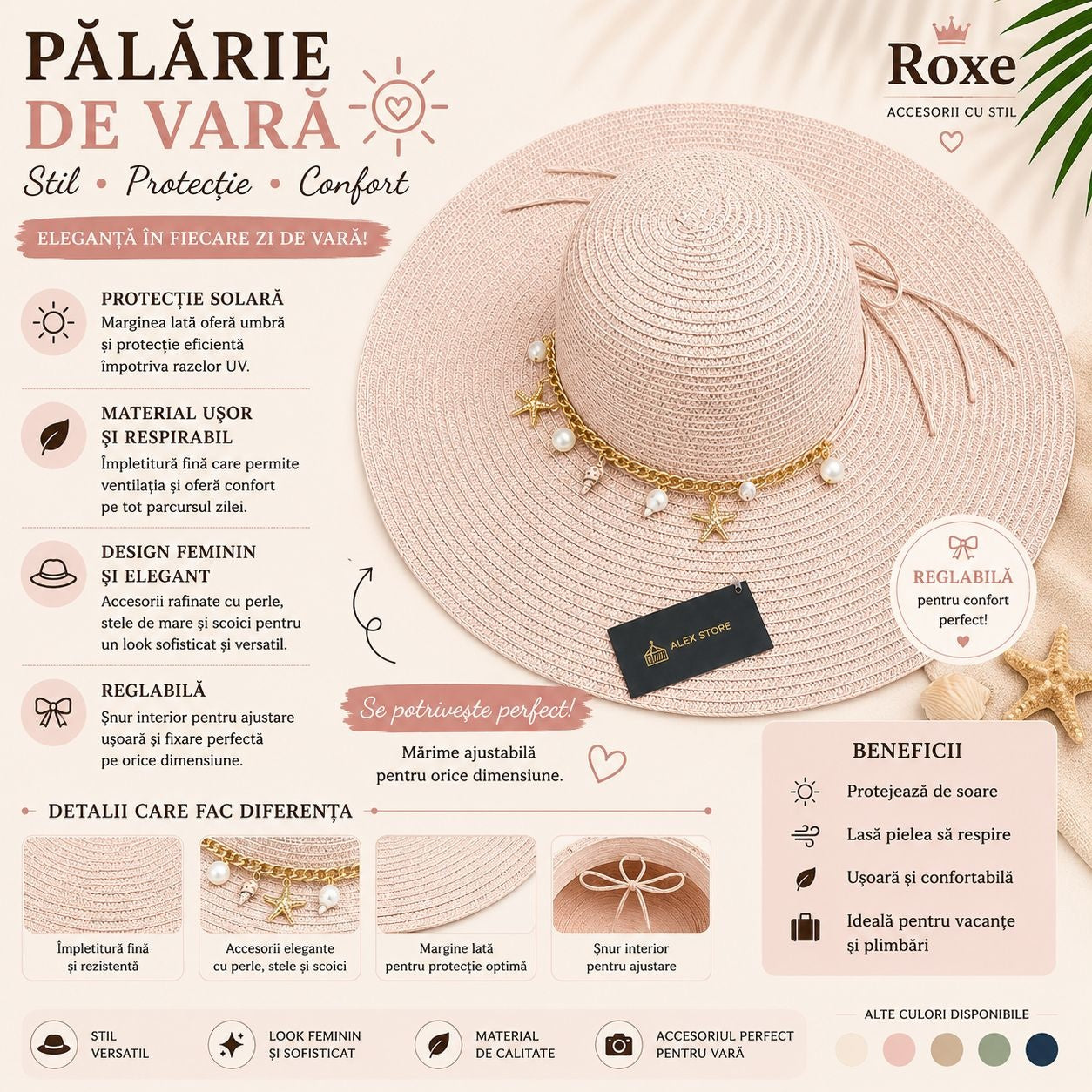 Pălărie Damă Roz Pudrat de Vară cu Bor Lat, Decor cu Perle, Scoici și Stele de Mare