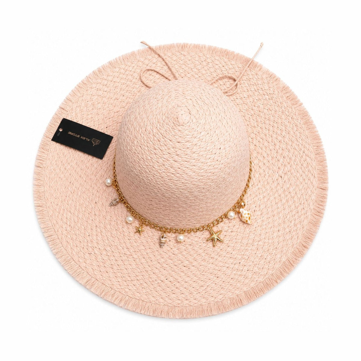 Pălărie Damă Roz Pudrat de Vară cu Bor Lat, Franjuri Decorative și Accesorii Marine