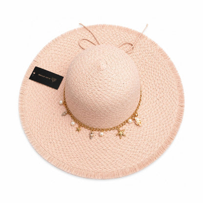 Pălărie Damă Roz Pudrat de Vară cu Bor Lat, Franjuri Decorative și Accesorii Marine