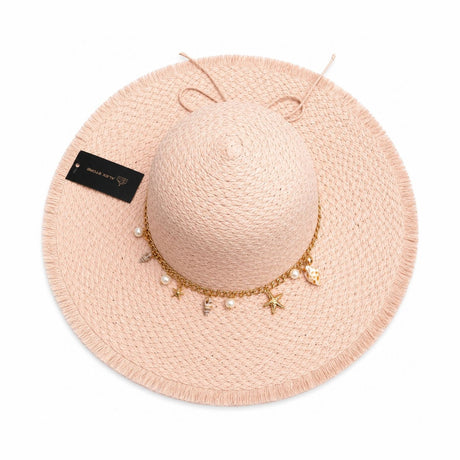 Pălărie Damă Roz Pudrat de Vară cu Bor Lat, Franjuri Decorative și Accesorii Marine