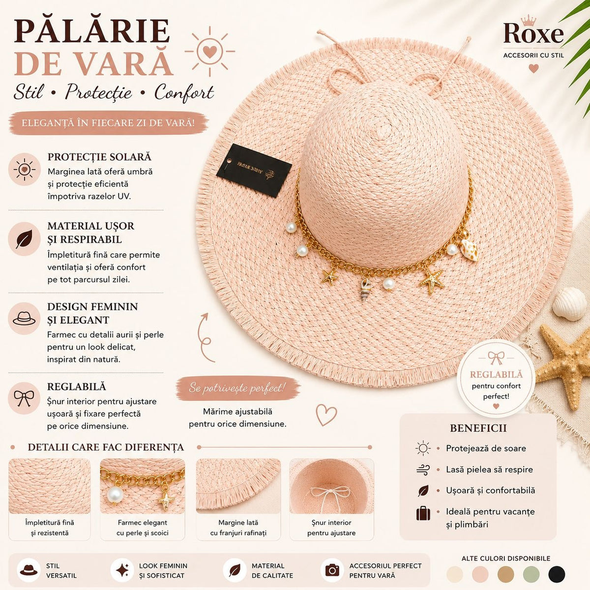 Pălărie Damă Roz Pudrat de Vară cu Bor Lat, Franjuri Decorative și Accesorii Marine