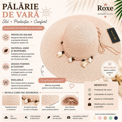 Pălărie Damă Roz Pudrat de Vară cu Bor Lat și Decor cu Scoici și Mărgele