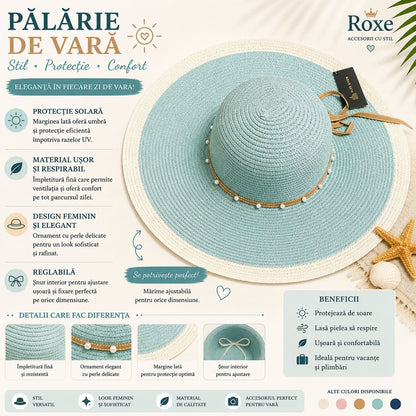 Pălărie Damă Turcoaz de Vară cu Bor Lat, Ornament cu Perle și Margine Crem
