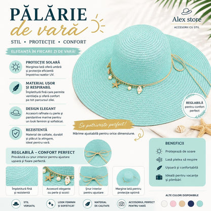 Pălărie Damă Turcoaz de Vară cu Scoici și Perle Decorative – Bor Lat, Reglabilă