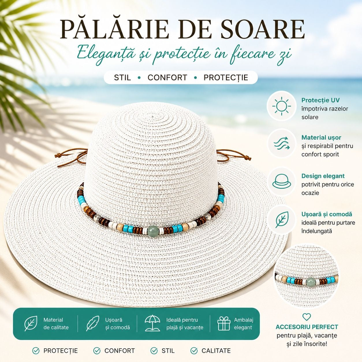 Palarie de Soare Alba Eleganta cu Accesorii Colorate pentru Plaja si Vacante