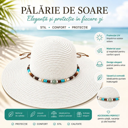 Palarie de Soare Alba Eleganta cu Accesorii Colorate pentru Plaja si Vacante