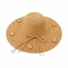 Palarie de Soare Bej cu Flori Decorative si Perlute pentru Plaja si Vacante