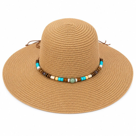 Palarie de Soare Bej Eleganta cu Accesorii Colorate pentru Plaja si Vacante